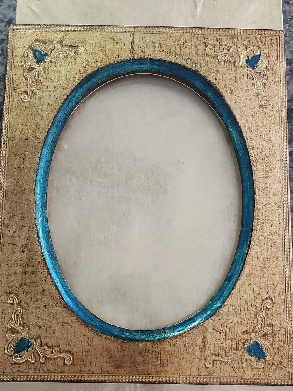 Vtg Ornate Wooden Gold and Teal Oval Picture Frame